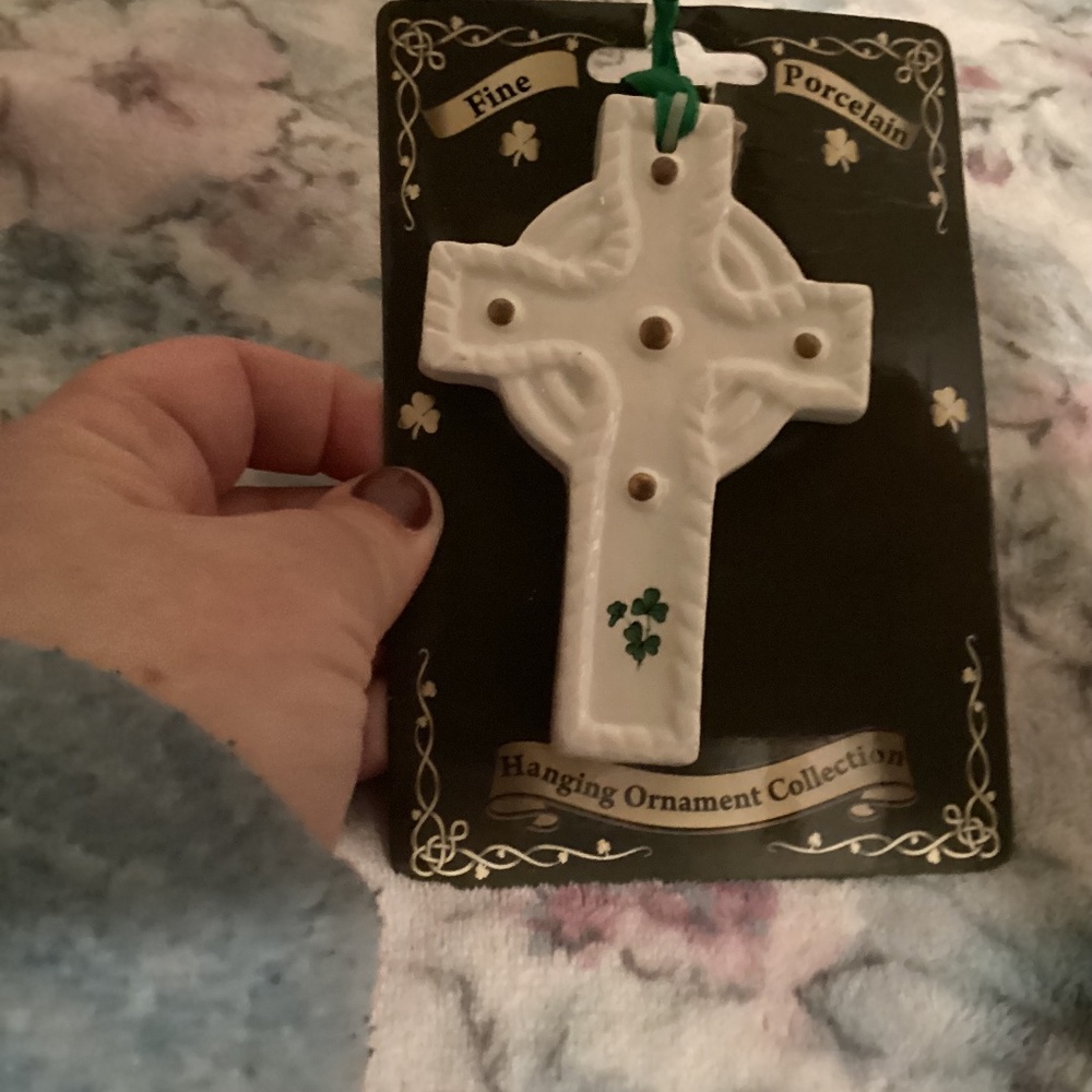 New Fine Porcelain Hanging Ornament- Celtic Cross